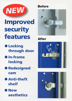 New improved security features - locking through door, in-frame locking, redesigned cam, anti-theft shelf, new aesthetics